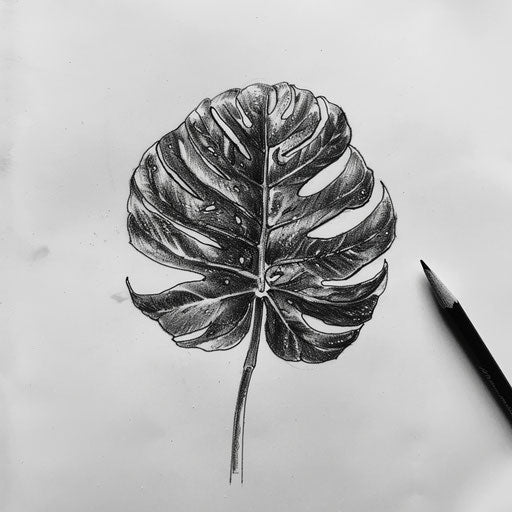 Black and white sketch of a monstera leaf, detailed tattoo design concept on a white canvas