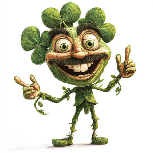 Humorous caricature of a clover with human characteristics