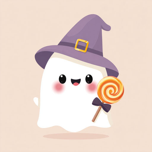 Friendly ghost with a witch hat and a lollipop