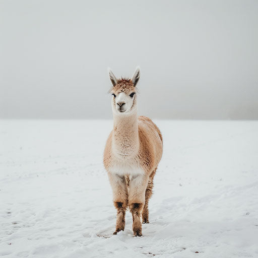 Solitary alpaca in snowy field with visible breath