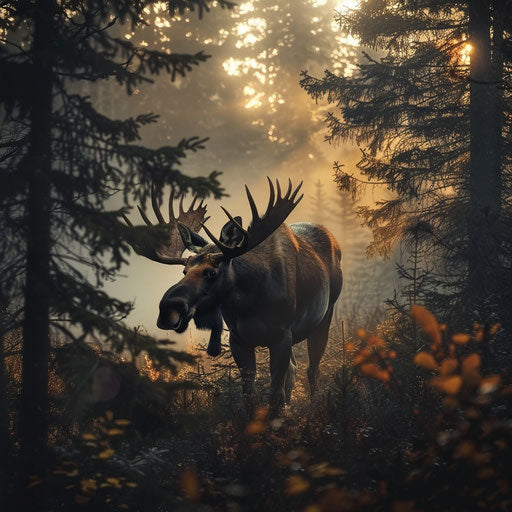 A moose wandering in a dense, fog-laden pine forest at dawn
