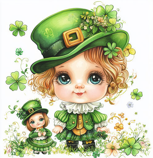 St. Patrick's Day baby girl with a leprechaun and a cute doll