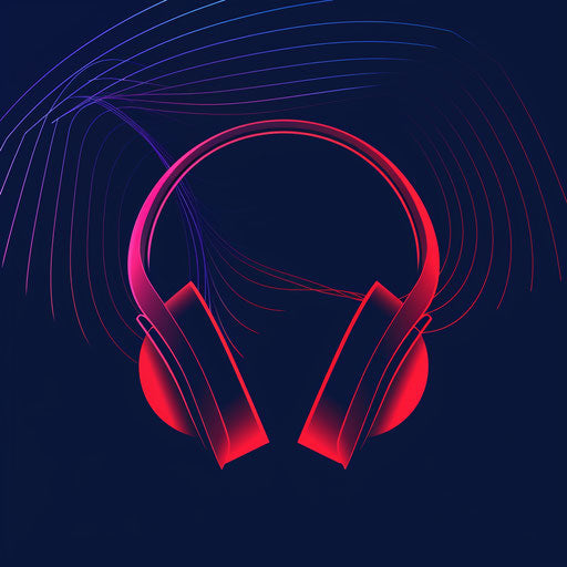 Audio logo in navy and red with a dynamic background