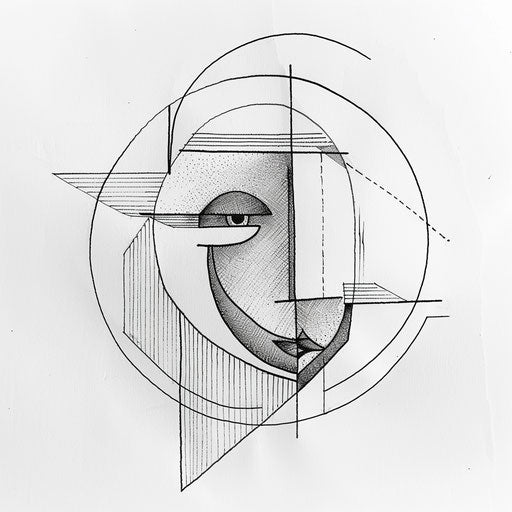 Abstract geometric smiley face tattoo concept, bold lines, on white canvas.