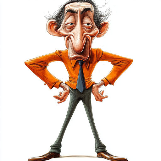 Humorous caricature of an equality caricature clipart with human characteristics, exaggerated large nose, long legs, shiny finish, vibrant colors, cartoon style, frowning, high-resolution, no background, isolated -c 40