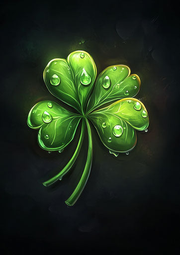 Realistic four-leaf clover with dew drops on elegant dark background