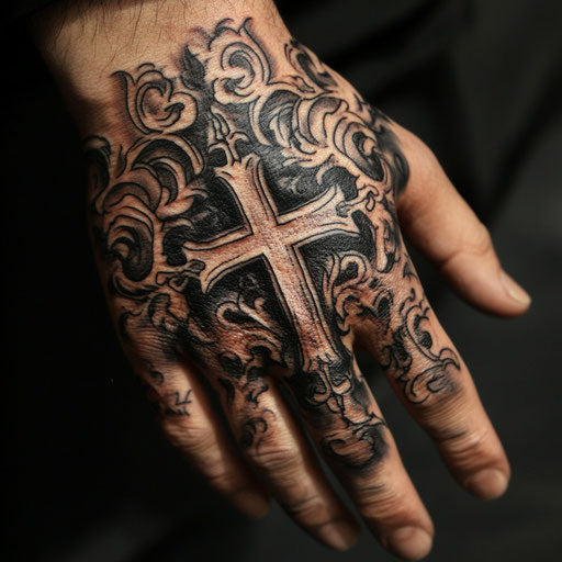 Cross tattoo with tribal flames on hand