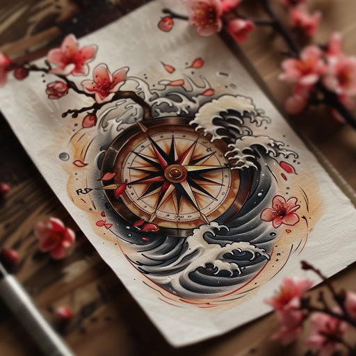 Traditional Japanese style tattoo sketch of a compass rose with waves and cherry blossoms in rich colors