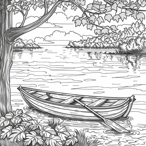 Serene lake with rowboat and autumn trees reflected