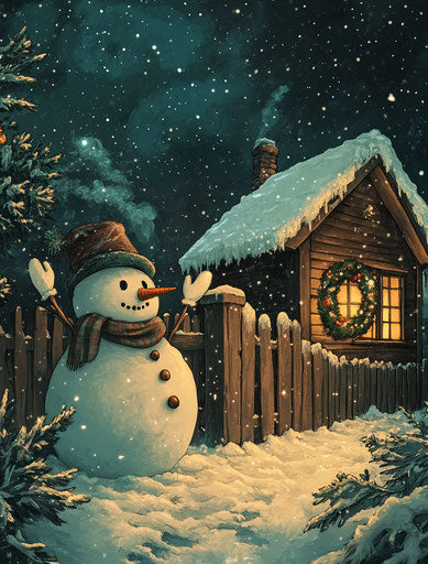 Winter joy in front of snowy house with snowman
