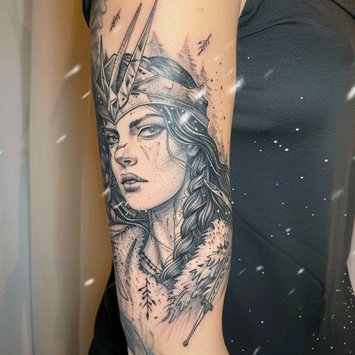 Tattoo of Skadi, Norse goddess of winter, on snowy white backdrop