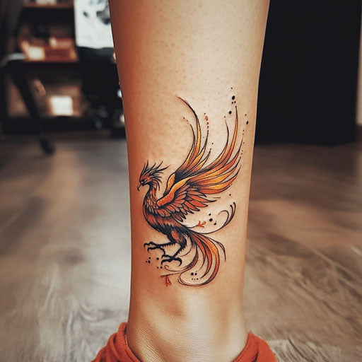 Women's ankle tattoos with a phoenix rising from the ashes