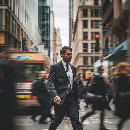 Businessman walking briskly in a busy city street