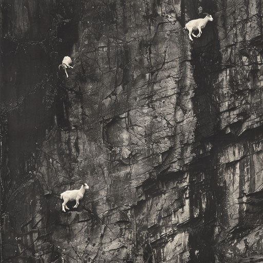 Mountain goats climbing a sheer cliff face
