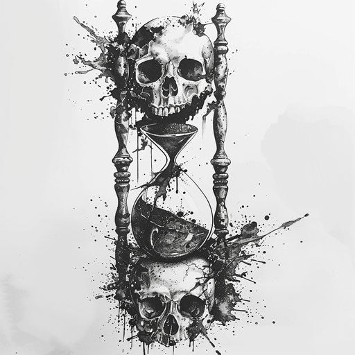 Gothic hourglass with sand running through skulls and bones