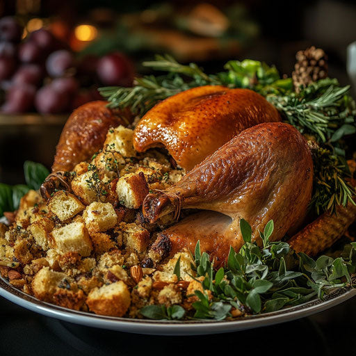 A cornucopia overflowing with stuffing ingredients and a perfectly roasted turkey