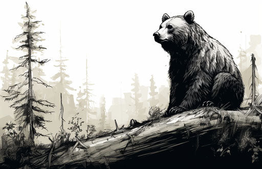 Bear near branch in forest, heavy inking style