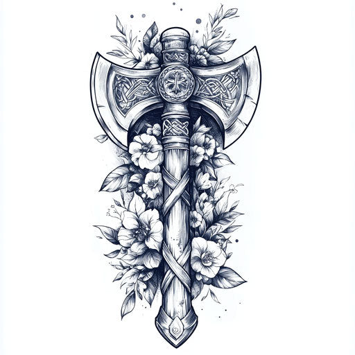 Viking sleeve tattoo sketch with axes and floral designs