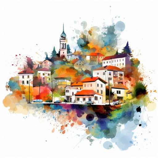 Town in Impressionistic Art style on white background