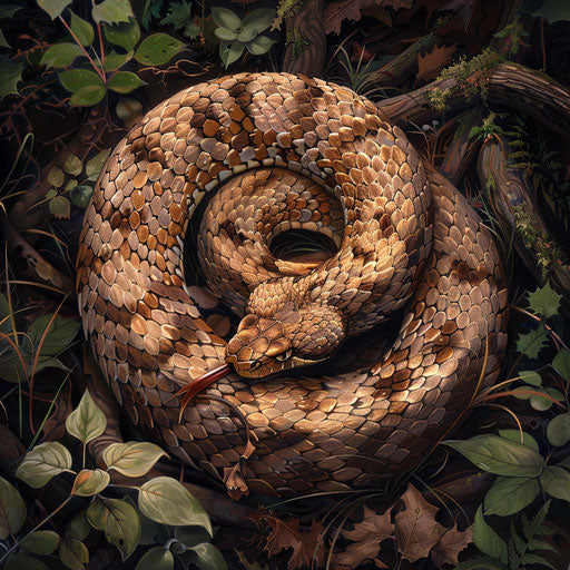 Coiled copperhead snake on forest floor