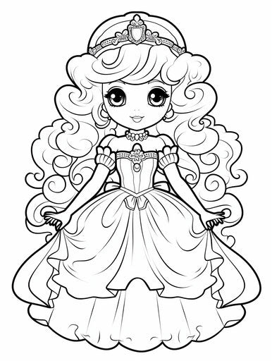 Princess coloring page, kawaii, cartoon, wimmelbilder, dark white 3:4