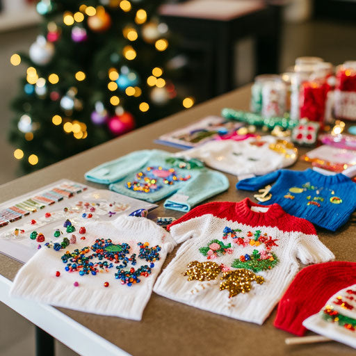 DIY ugly sweater kit at a holiday craft station