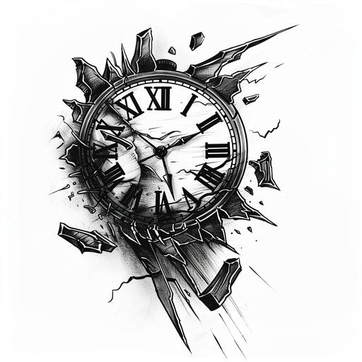 Edgy clipart style flat tattoo sketch of a shattered clock face with pieces floating in a dark void