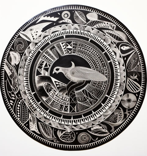 Black and white drawing of a round shape with a design