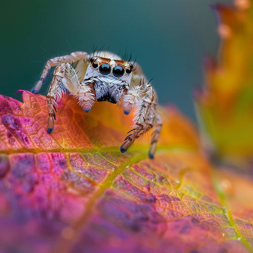 Charming spider on a colorful autumn leaf, in the style of Vincent Munier