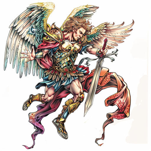 Dynamic battle pose of Saint Michael the Archangel tattoo