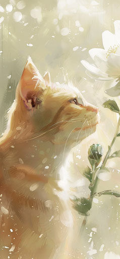 Cat looking at a white flower, colorful ink wash style