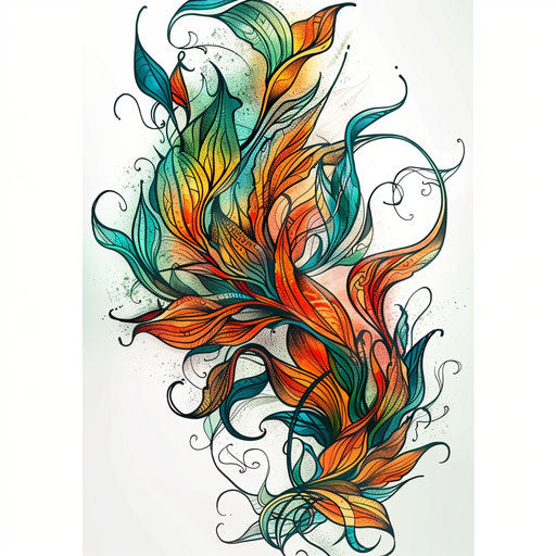 Art nouveau inspired flame, intricate lines and colors on white