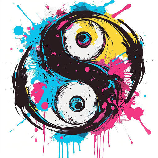 Pop art yin and yang tattoo design, bold colors, retro style