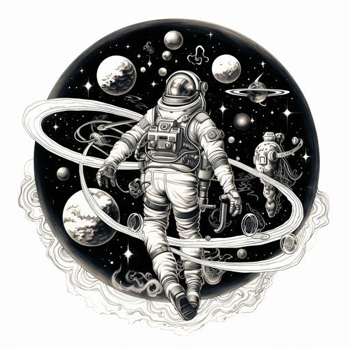 Black and white drawing of space man with spaceship
