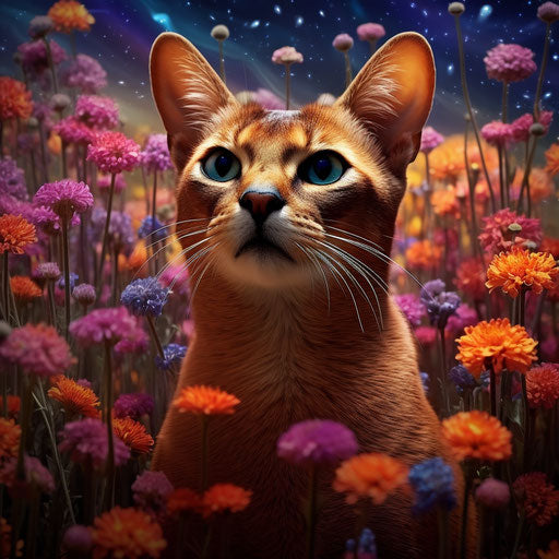 Abyssinian cat in a field of flowers