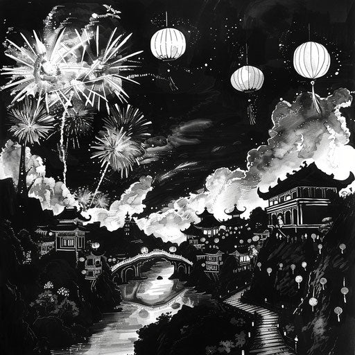 Dynamic sketch of a riverside festival with lanterns and fireworks