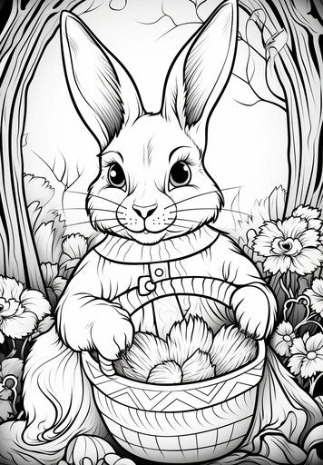 Cute bunny and Easter coloring page, inspired by wollensak 127mm f/4.7 ektar style