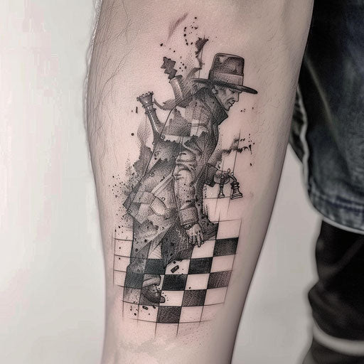 Surreal tattoo of a gangster melting into a chessboard