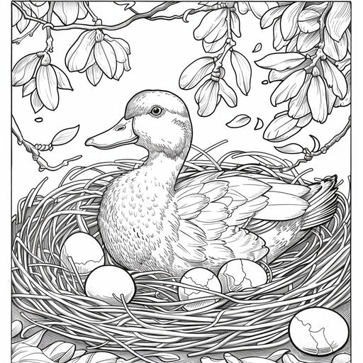 A duck resting peacefully in a nest with eggs. Coloring book page