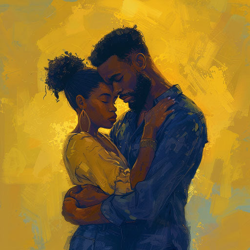 A cute couple hugging, kadir nelson style, isolated figures, dark yellow and light indigo, g. willow wilson, ken sugimori, mommy's on-the-phonecore, emotive body language