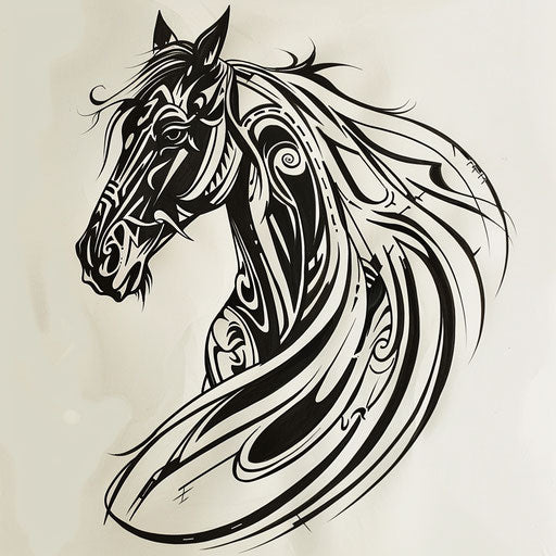 Stylized dark horse with tribal markings and bold outlines