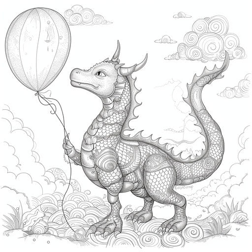 Whimsical scene: dragon holding a balloon with its tail