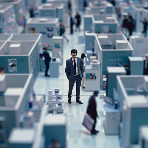 Businessman amidst the hustle of a trade show floor