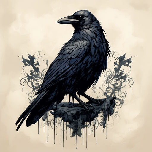 Raven sitting on background, classic tattoo style, smokey background