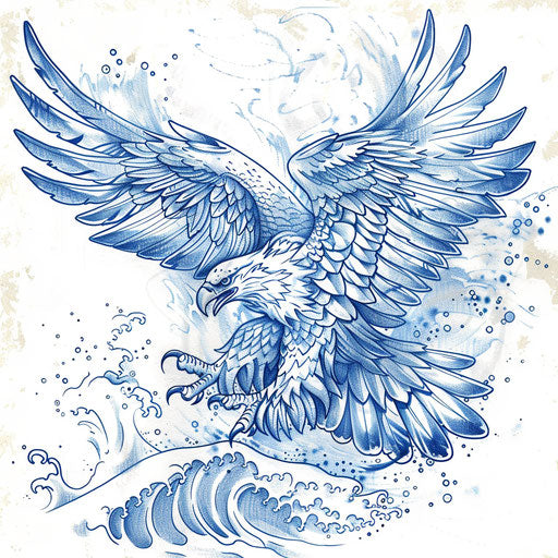 Nautical tattoo sketch of a Mexican eagle, clipart style with ocean blue and white wave patterns