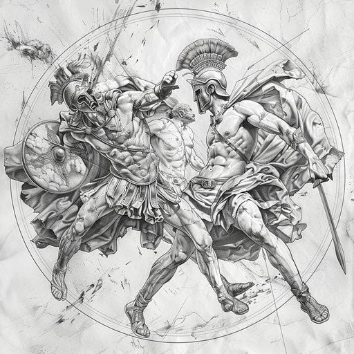 Sketch of Greek gods in battle tattoo, classic white and marble grey