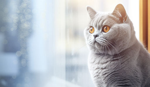 Grey British shorthair cat looking at window in light blue and gold style