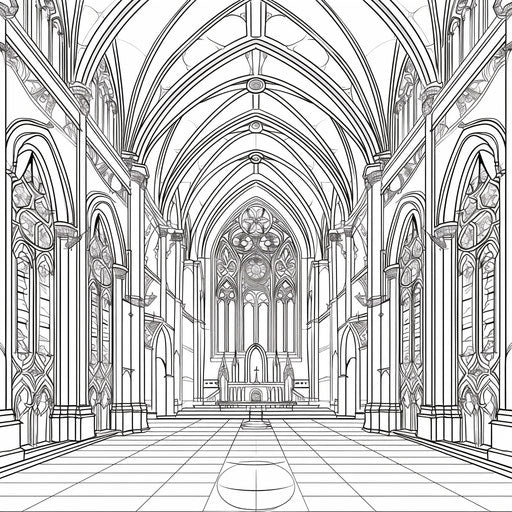 Detailed illustration of a grand cathedral with stained glass windows. Coloring book page