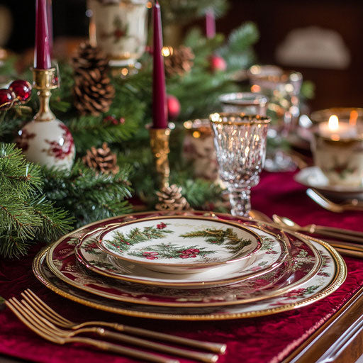 Christmas dinner table with fine china and candle centerpiece
