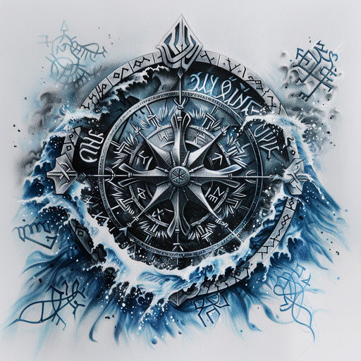 Viking compass amidst stormy sea